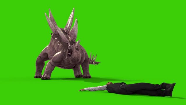 Green Screen Business Man Runs Away from a Dinosaur Side 3D Rendering Animation 4K