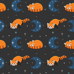 Seamless vector pattern with moon and red panda. Trendy baby texture for fabric, wallpaper, apparel, wrapping