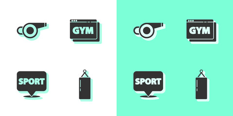 Set Punching bag, Whistle, Location gym and Online fitness and training icon. Vector.
