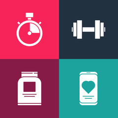 Set pop art Mobile with heart rate, Sports nutrition, Dumbbell and Stopwatch icon. Vector.