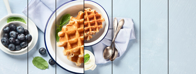 Collage of traditional belgian waffles with fresh blueberries for breakfast