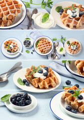Collage of traditional belgian waffles with fresh blueberries for breakfast