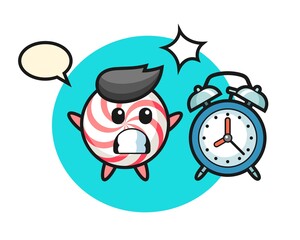 Cartoon illustration of candy is surprised with a giant alarm clock