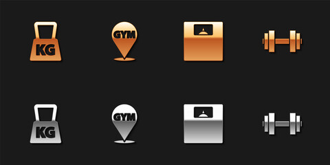 Set Weight, Location gym, Bathroom scales and Dumbbell icon. Vector.