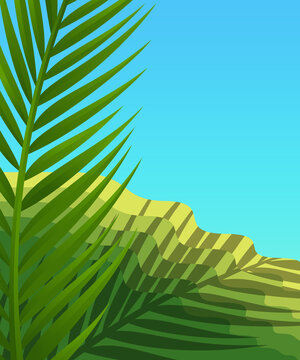 Green Palm Shadow on Hills and Blue Sky bold flat art