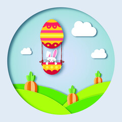 Fototapeta premium Easter bunny in hot air balloon, vector illustration in paper cut out style 
