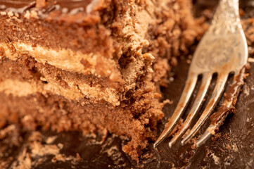Chocolate cake and a metal fork. Close-up, selective focus.