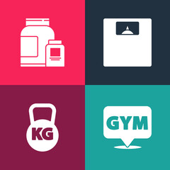 Set pop art Location gym, Kettlebell, Bathroom scales and Sports nutrition icon. Vector.