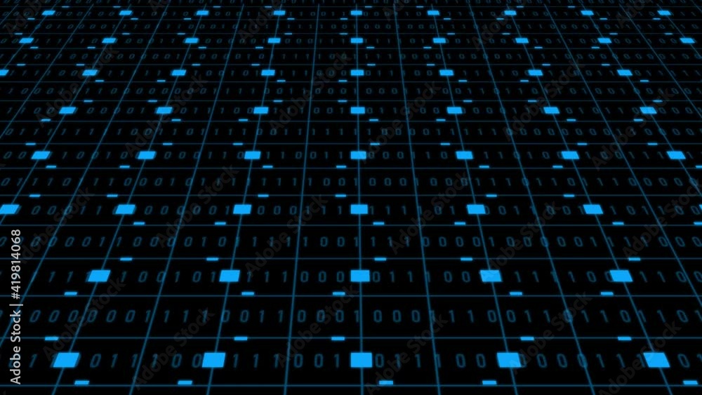 Poster abstract technology background animation - blue blocks of random changing binary code arranged as a 