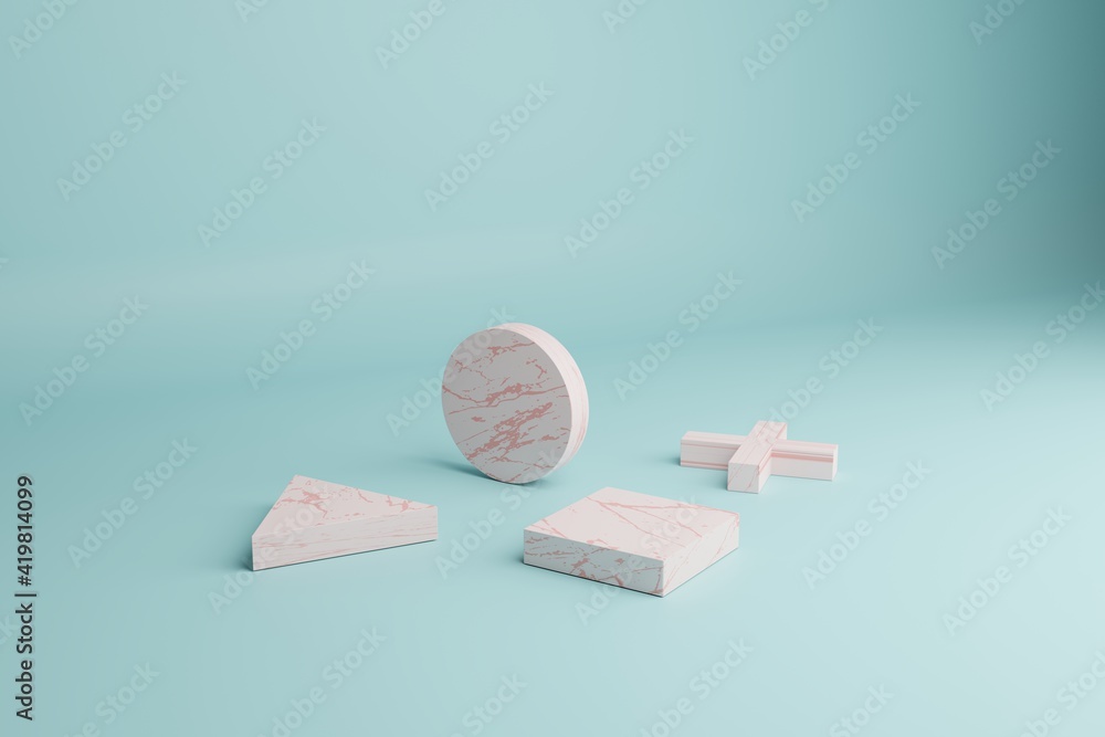 Poster abstract 3d render scene with white geometric forms on a pale blue background. blank showcase mockup