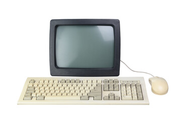 Old computer 1990s with keyboard and mouse isolated on white background.