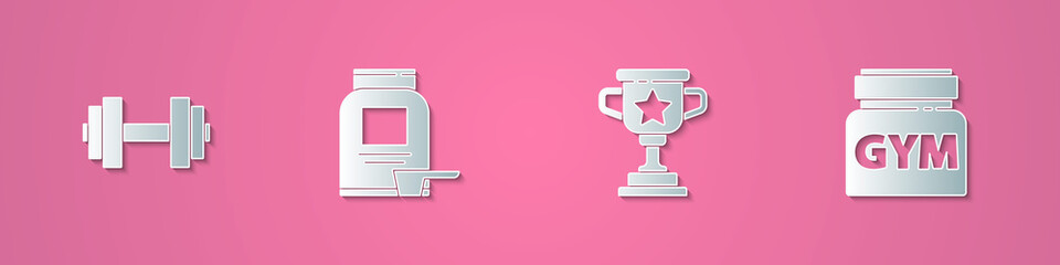 Set paper cut Dumbbell, Sports nutrition, Award cup and icon. Paper art style. Vector.