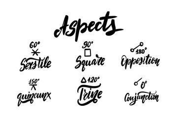 Astrology aspects - natal birth chart symbols. Black ink handwriting. 