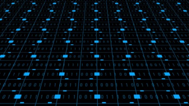 Abstract technology background animation - blue blocks of random changing binary code arranged as a square grid on black background - endless loop