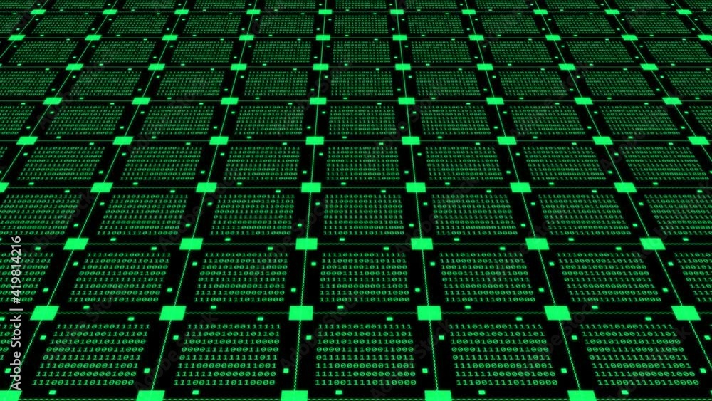 Poster abstract technology background animation - green blocks of random changing binary code arranged as a