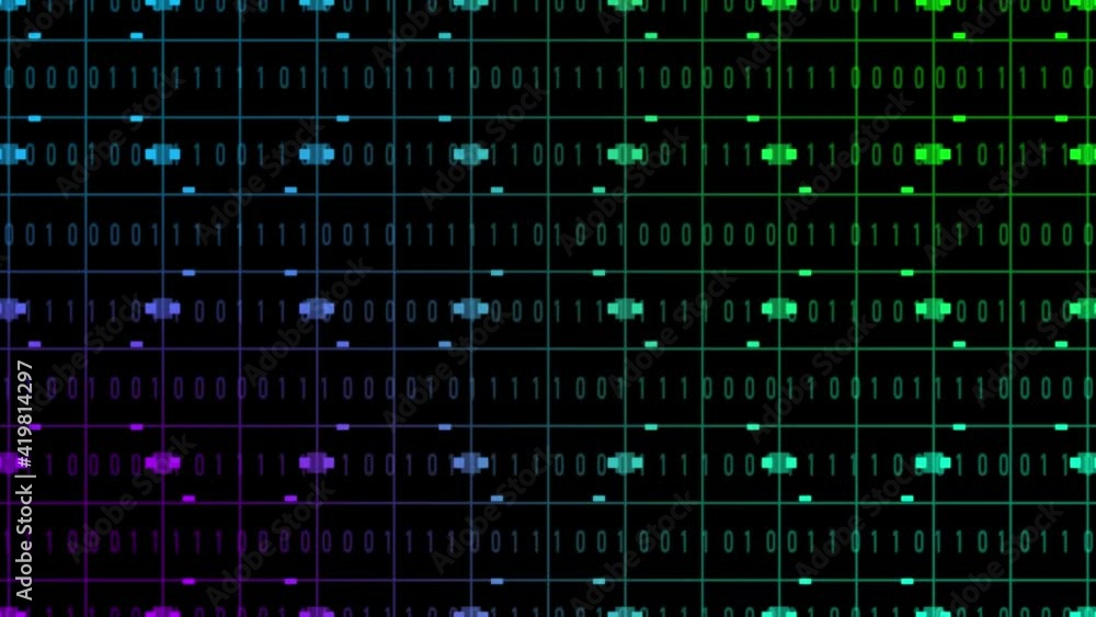 Poster bstract technology background animation - multicolor blocks of random changing binary code arranged 