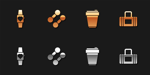 Set Smartwatch, Dumbbell, Fitness shaker and Sport bag icon. Vector.