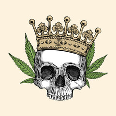 skull of human with crown and cannabis, hand drawing, vector illustration, Black and White