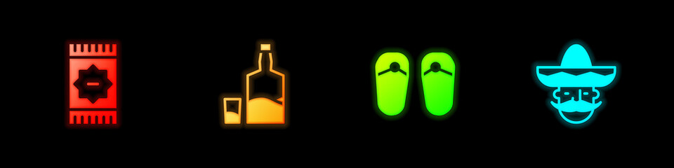 Set Mexican carpet, Tequila bottle and glass, Flip flops and man sombrero icon. Vector.