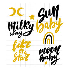 Stars lettering set. Milky way, like a star, sun baby, moon baby. 