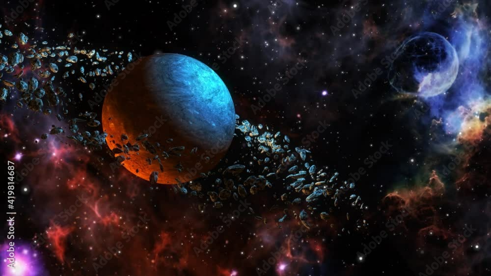 Wall mural 4k cgi animation belt of asteroids orbiting around an alien planet floating in space 4k