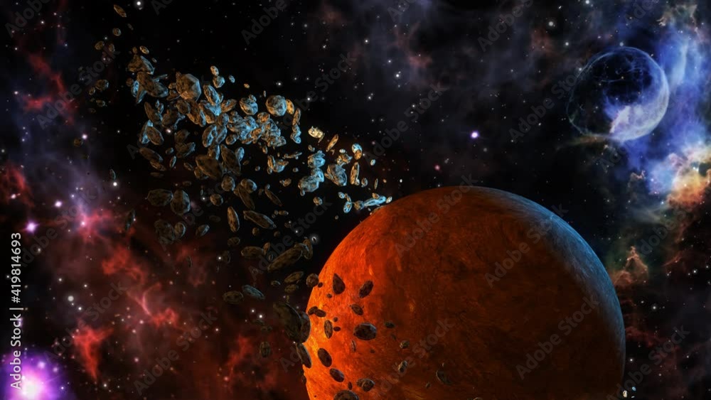 Wall mural 4k cgi animation belt of asteroids orbiting around an alien planet floating in space 4k