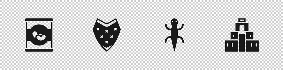 Set Beans in can, Poncho, Lizard and Chichen Itza Mayan icon. Vector.