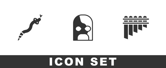 Set Snake, Mexican wrestler and Pan flute icon. Vector.