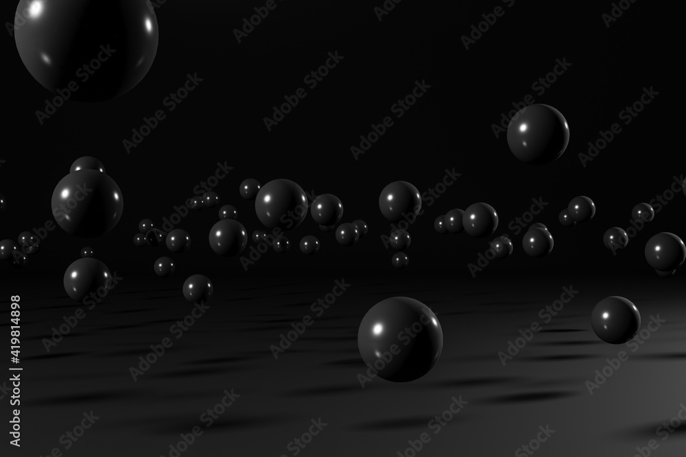 Poster black balls floating in dark space. abstract 3d rendering scene