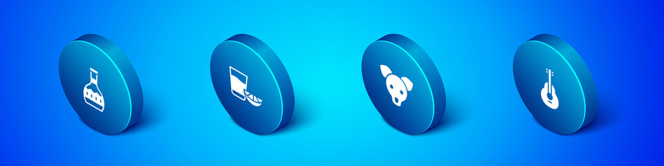 Set Isometric Tequila bottle, Dog, Mexican guitar and glass with lemon icon. Vector.