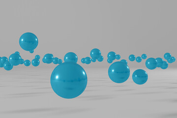 Blue balls flying on a white background. Abstract 3d rendering scene
