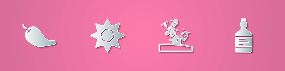 Set paper cut Hot chili pepper pod, Sun, Cactus and Tequila bottle icon. Paper art style. Vector.