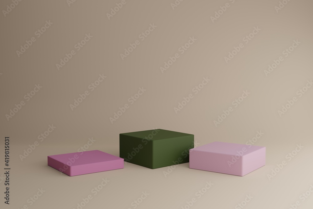 Poster 3d modeling scene with geometric shapes in calm pastel colors. blank showcase mockup with simple geo