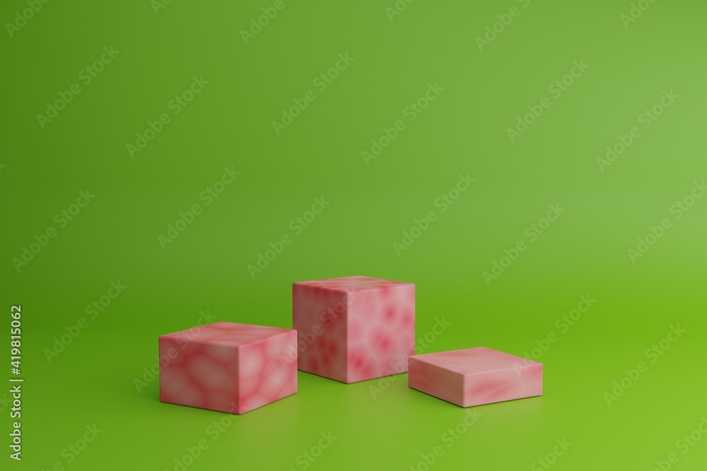 Aufkleber blank showcase mockup with simple geometric 3d elements. 3d modeling scene with cubes or boxes in ca