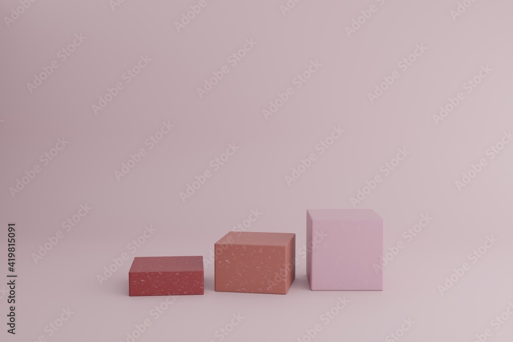 Poster Empty 3d podiums for cosmetic product presentation. Blank showcase mockup with simple geometric elements. 3d modeling scene with geometric shapes in calm pastel colors