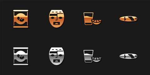 Set Beans in can, Aztec mask, Tequila glass with lemon and Cigar icon. Vector.