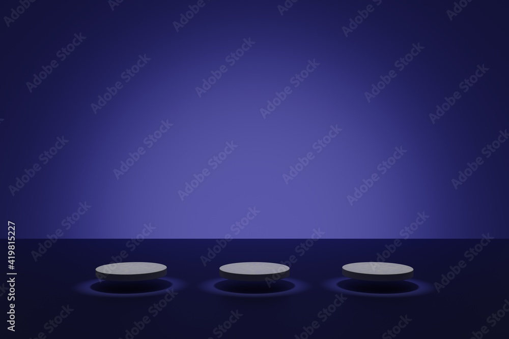 Aufkleber dark 3d modeling scene with illuminating cylindric podiums on a violet background. empty geometric s