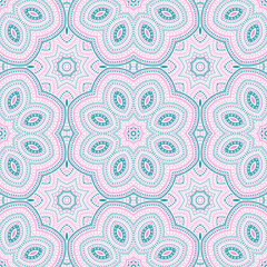 Muslim ethnic geometric vector seamless ornament. Wallpaper print design. Abstract boho pattern. Interior decor design. Circles and lines composition.