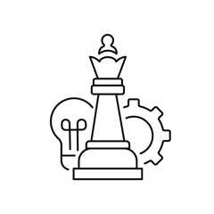 Strategy concept linear icon. Queen with light bulb and gear. Chess idea. Vector isolated illustration. Editable stroke