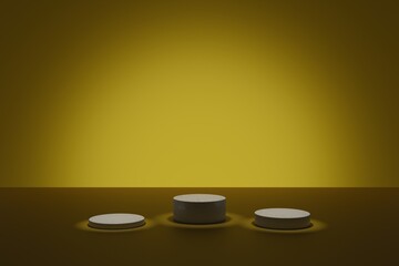 Dark 3d modeling scene with illuminating cylindric podiums on a yellow background. Empty geometric shapes for cosmetic product presentation. Blank showcase mockup with simple 3d elements