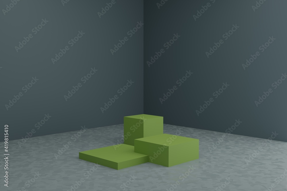 Poster 3d modeling scene with square podiums in calm pastel colors. blank showcase mockup with simple geome