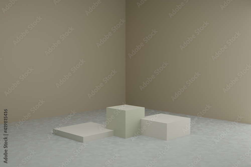 Poster 3d modeling scene with square podiums in calm pastel colors. blank showcase mockup with simple geome
