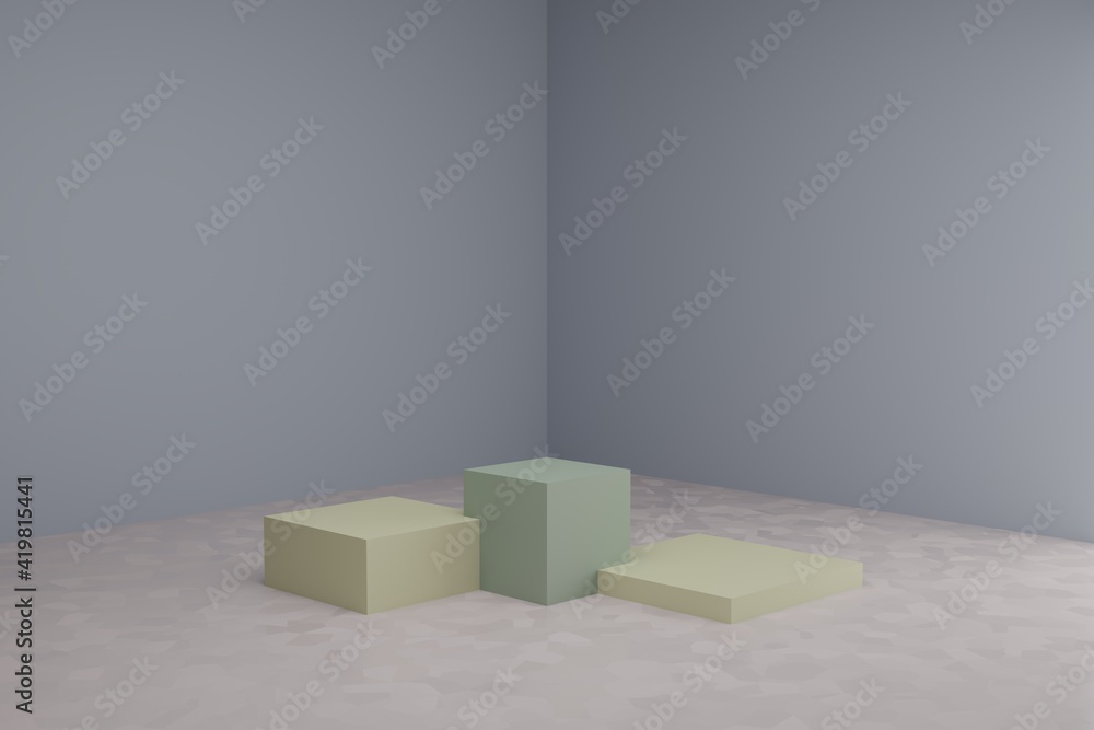 Poster 3d modeling scene with square podiums in calm pastel colors. blank showcase mockup with simple geome