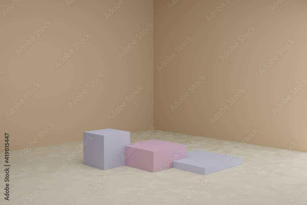 Poster 3d modeling scene with square podiums in calm pastel colors. blank showcase mockup with simple geome