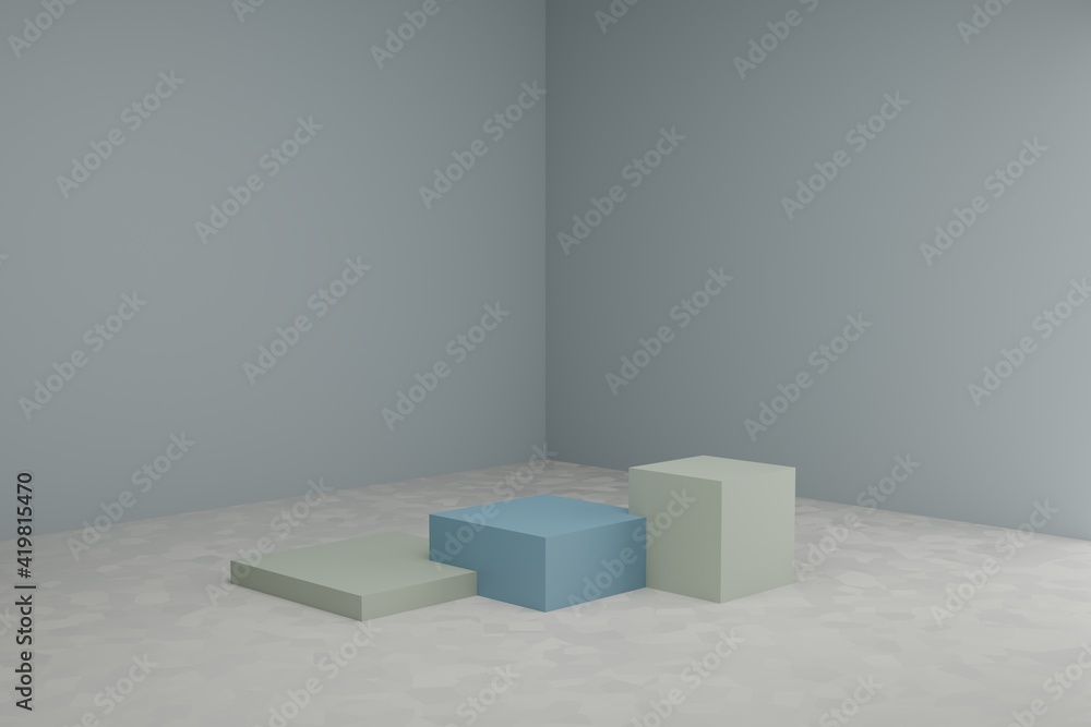 Poster 3d modeling scene with square podiums in calm pastel colors. blank showcase mockup with simple geome