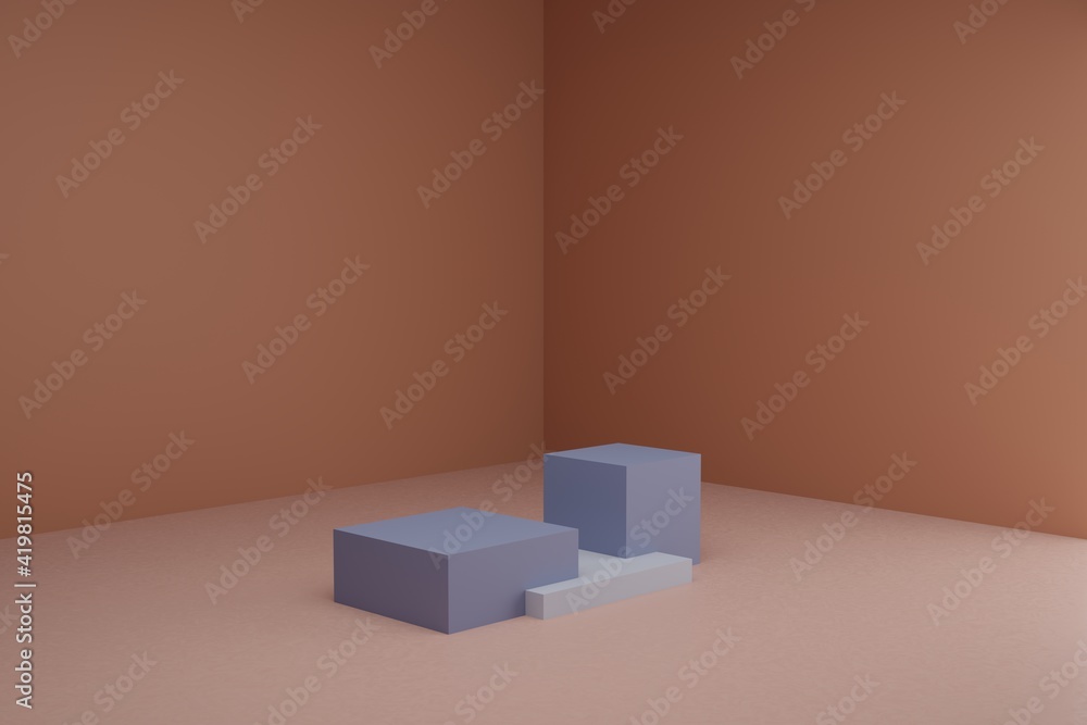 Poster 3d modeling scene with square podiums in calm pastel colors. blank showcase mockup with simple geome