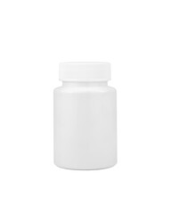 Medicine plastic container isolated on white background. Pill bottle mockup. Pharmaceutical packaging. Vitamins and supplements jar.	