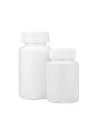 Two medicine plastic containers isolated on white background. Pill bottle mockup. Pharmaceutical packaging. Vitamins and supplements jar.	