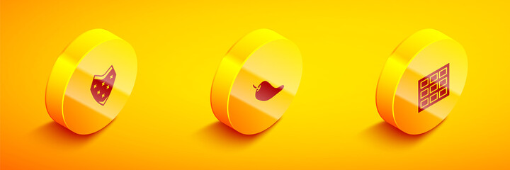Set Isometric Poncho, Hot chili pepper pod and Chocolate bar icon. Vector.