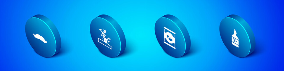 Set Isometric Mustache, Beans in can, Tequila bottle and Cactus icon. Vector.
